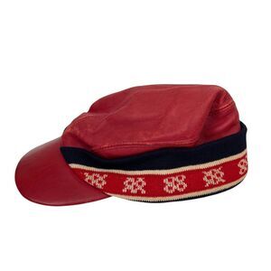 Vintage Red Leather Knit European Ski Snow Hat inner flap Kids Boys Hat 1930's